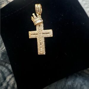 14k plated Gold Crowned 2in Cross Pendant with Crystal Accents